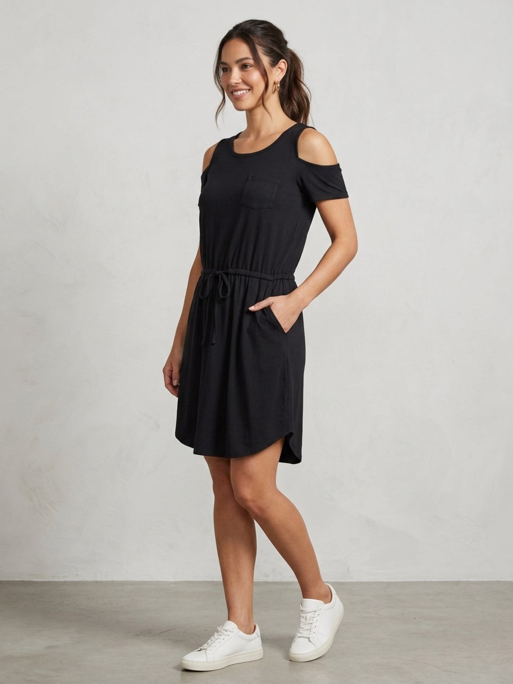 Chaser Black Cold Shoulder Short Sleeve Jersey Dress M Drawstring Pockets Casual